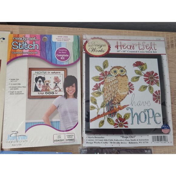 Counting Cross Stitch Lot 5 Kits Weekenders Janlynn Cat Dog Owl Home Hope God - Picture 3 of 9